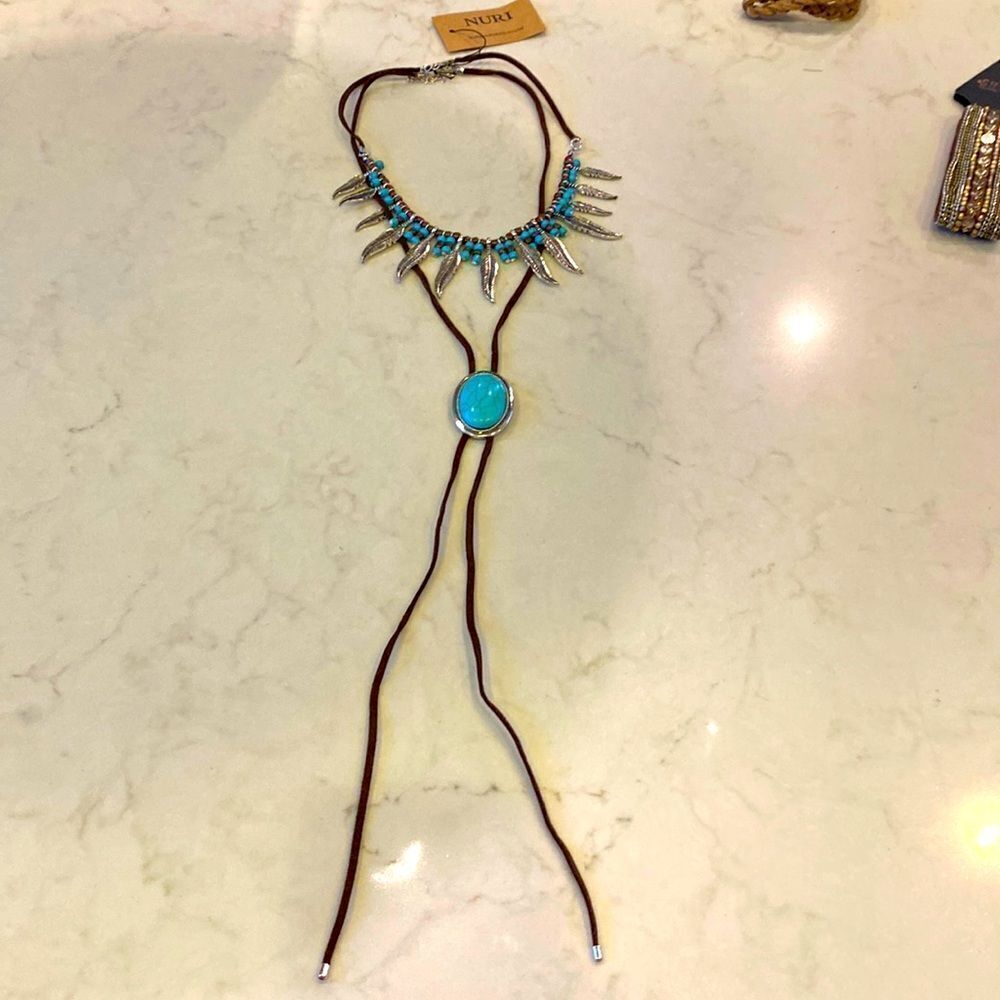 Brown suede faux turquoise silver color beaded feathers brand new
